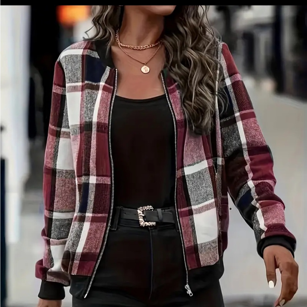 SHEIN Women’s Plus size Burgundy and Black Plaid Bomber Jacket with zipper